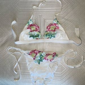 Beach Bunny White Bikini with Pink & Green Floral Embroidery